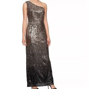 Alex Evenings One-Shoulder Gold Black Sequin Gown